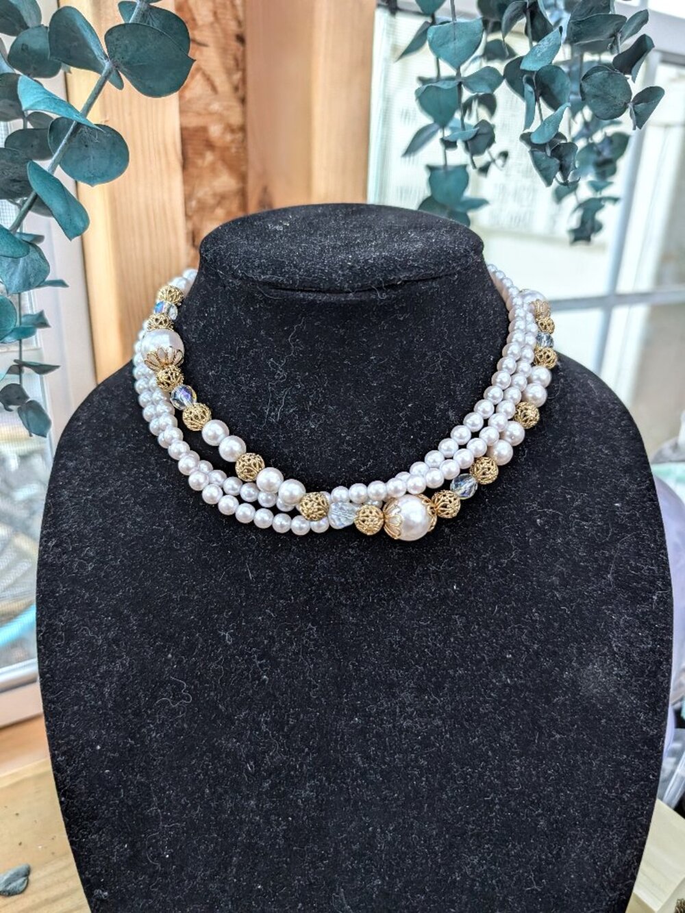 Vintage 1928 Multi-Strand Pearl Bead, Iridescent & Gold Tone  Bead Necklace